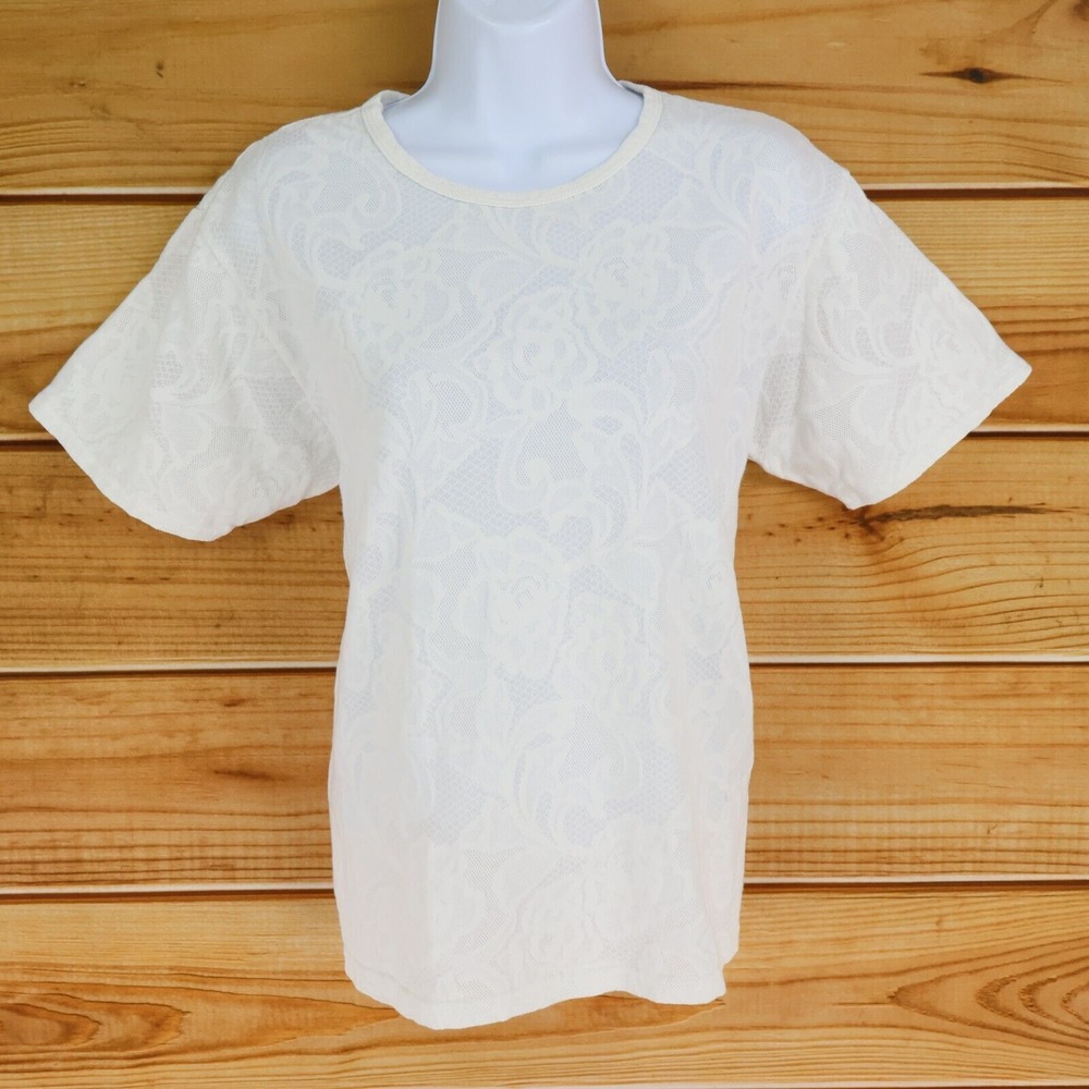 Hasting & Smith Shirt Womens Sz L White Floral Sheer Stretch Cotton Short Sleeve